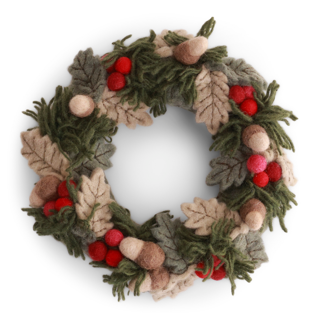 Felted Christmas Wreath w/Red Berries, leaves & Acorns w/Hanger