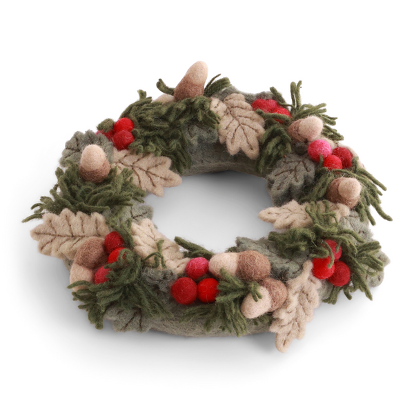 Felted Christmas Wreath w/Red Berries, leaves & Acorns w/Hanger