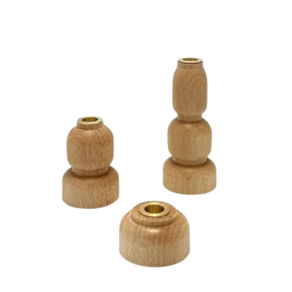 Set of 3 Brass & Wood Fine Candle Holders